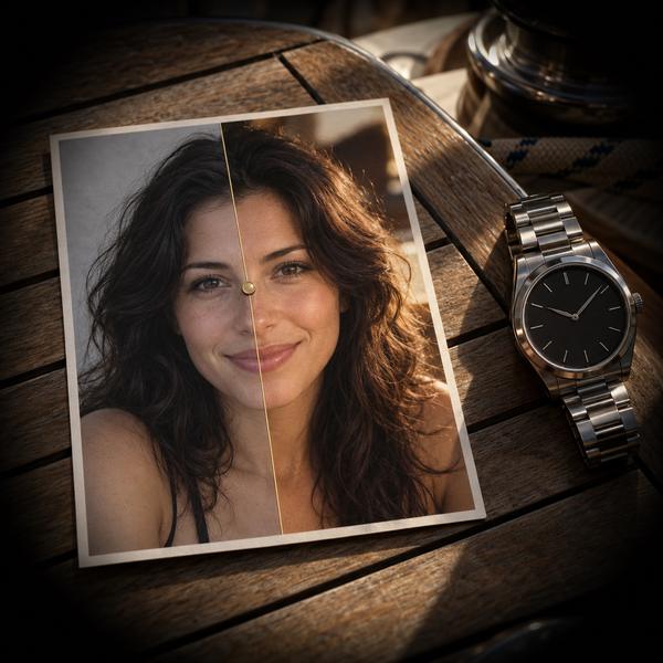 Ahşap masada bir saatin yanında duran portre baskısı; ince bir çizgi fotoğrafı filtresiz ve filtreli iki yarıya ayırıyor.