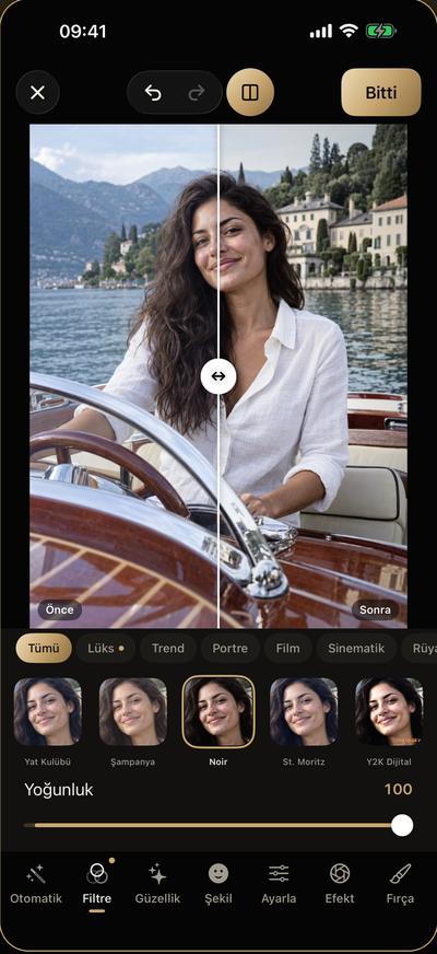 FaceFantasy düzenleyicisi: fotoğrafın yarısı filtresiz, yarısı Noir filtresiyle; altta filtre seçici ve yoğunluk sürgüsü.