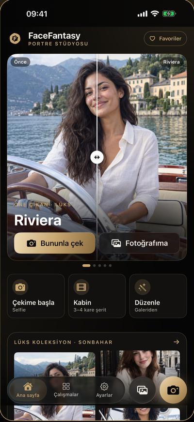 FaceFantasy ana sayfası: öne çıkan Riviera filtresi, önce ve sonra ayırıcısıyla bir teknedeki kadının portresi.