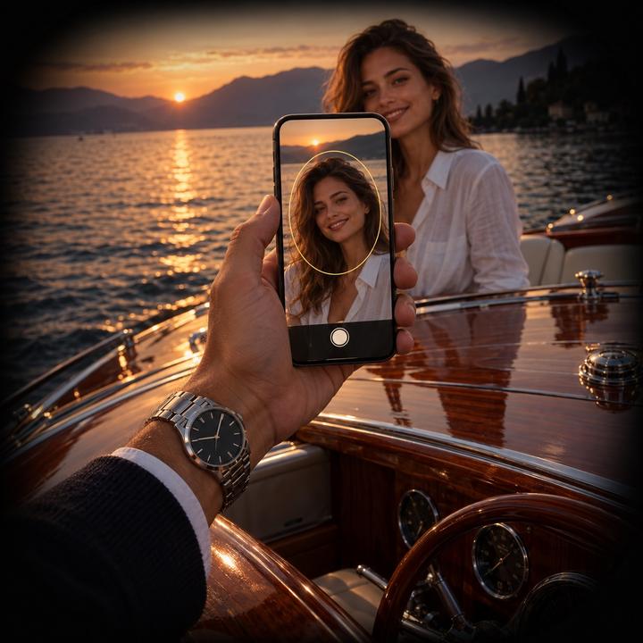 Gün batımında ahşap bir teknede, elindeki iPhone'da FaceFantasy kamerasıyla karşısındaki kadının portresini çeken biri.